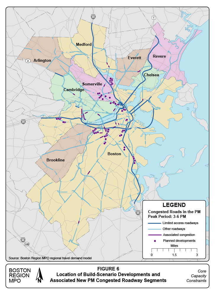 Figure 6 is a map of the Study Area showing roadways forecasted to experience congestion during the PM peak period in 2040. The locations of the 72 large-impact projects are shown, and the parts of the roadway network that will become congested as a result of these projects are also shown.